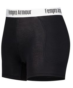 Black high-waisted athletic protection pants with a white waistband labeled 