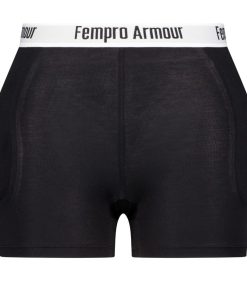 Black high-waisted athletic protection pants with a white waistband labeled "Fempro Armour