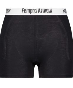 Front view of black high-waisted athletic protection pants with a white waistband labeled "Fempro Armour