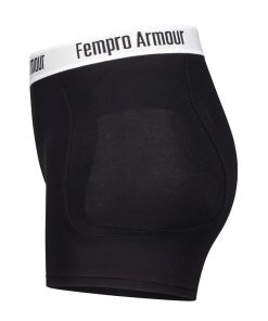 Black high-waisted athletic protection pants with a white waistband labeled 