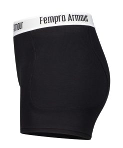 Black high-waisted athletic protection pants with a white waistband labeled "Fempro Armour