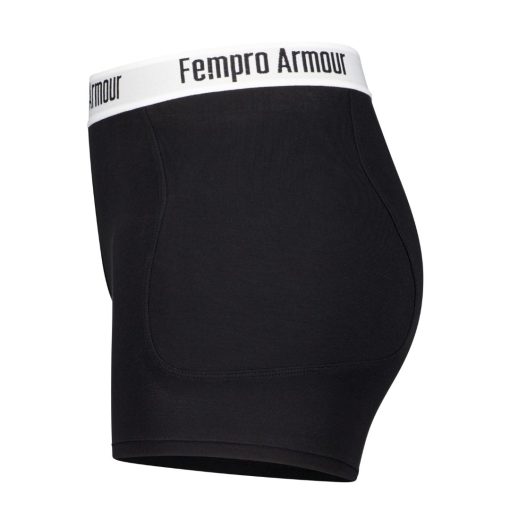 black high waisted athletic protection pants with a white waistband labeled fempro armour