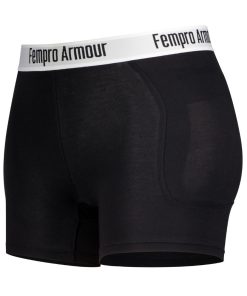 Black high-waisted athletic protection pants with a white waistband labeled "Fempro Armour