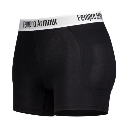 black high waisted athletic protection pants with a white waistband labeled fempro armour