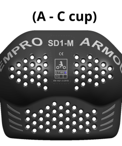 Black protective chest armor with ventilation holes and safety certification