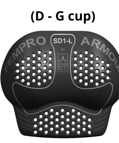 Black protective chest armor with ventilation holes and safety certification