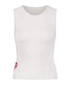 White sleeveless athletic compression top with side zipper