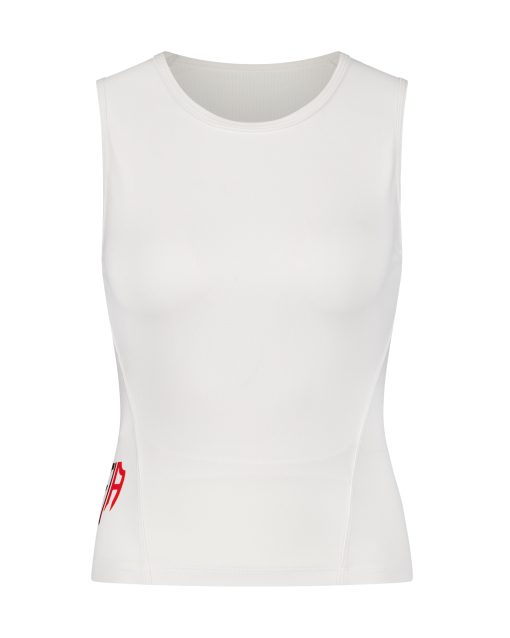 white sleeveless athletic compression top with side zipper