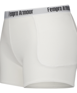 White athletic hip protection pants with Fempro Armour branding on the waistband