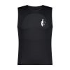 black sleeveless sports protection undershirt with a white abstract logo on the chest