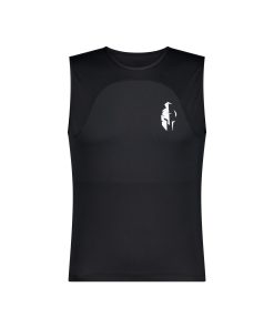 Black sleeveless sports protection undershirt with a white abstract logo on the chest