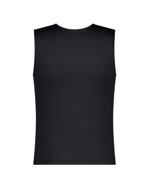 black sleeveless sports tank top with a white abstract logo on the chest