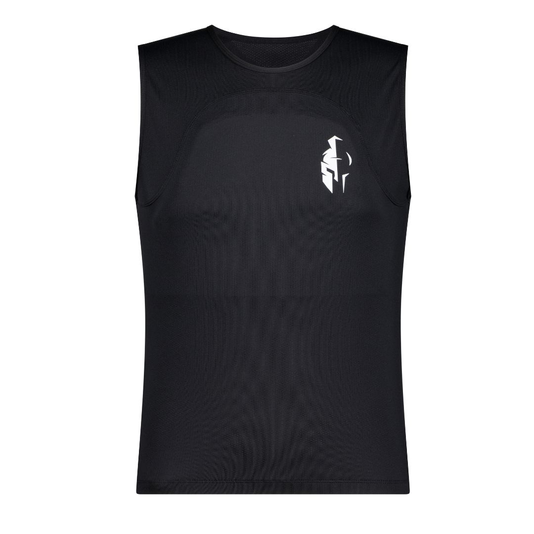 Black sleeveless sports protection undershirt with a white abstract logo on the chest