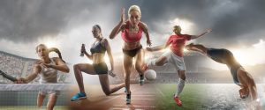 Composite image of female athletes in various sports activities in a stadium setting.