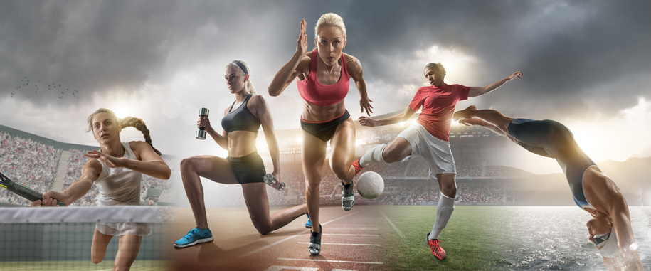 composite image of female athletes in various sports activities in a stadium setting