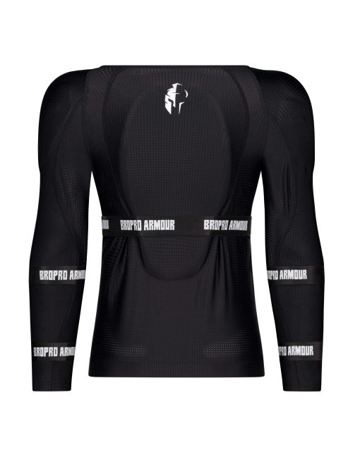 back view of a black long sleeved compression shirt with brand logos