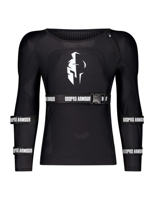 front view of a black long sleeved full body armour jersey with brand logos