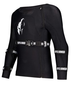 Front view of a black long-sleeved full body armour jersey with brand logos