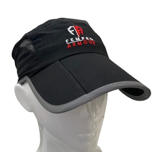 black fempro armour sports cap on a glossy mannequin head