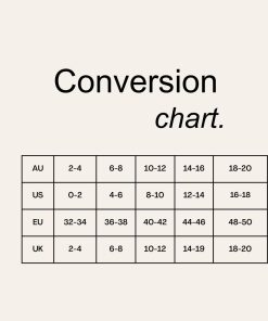 Clothing size conversion chart for AU, US, EU, and UK sizes.
