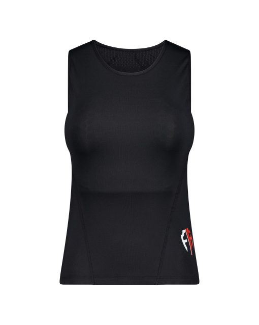 black sleeveless motorcycle base layer with a red and white logo on the side