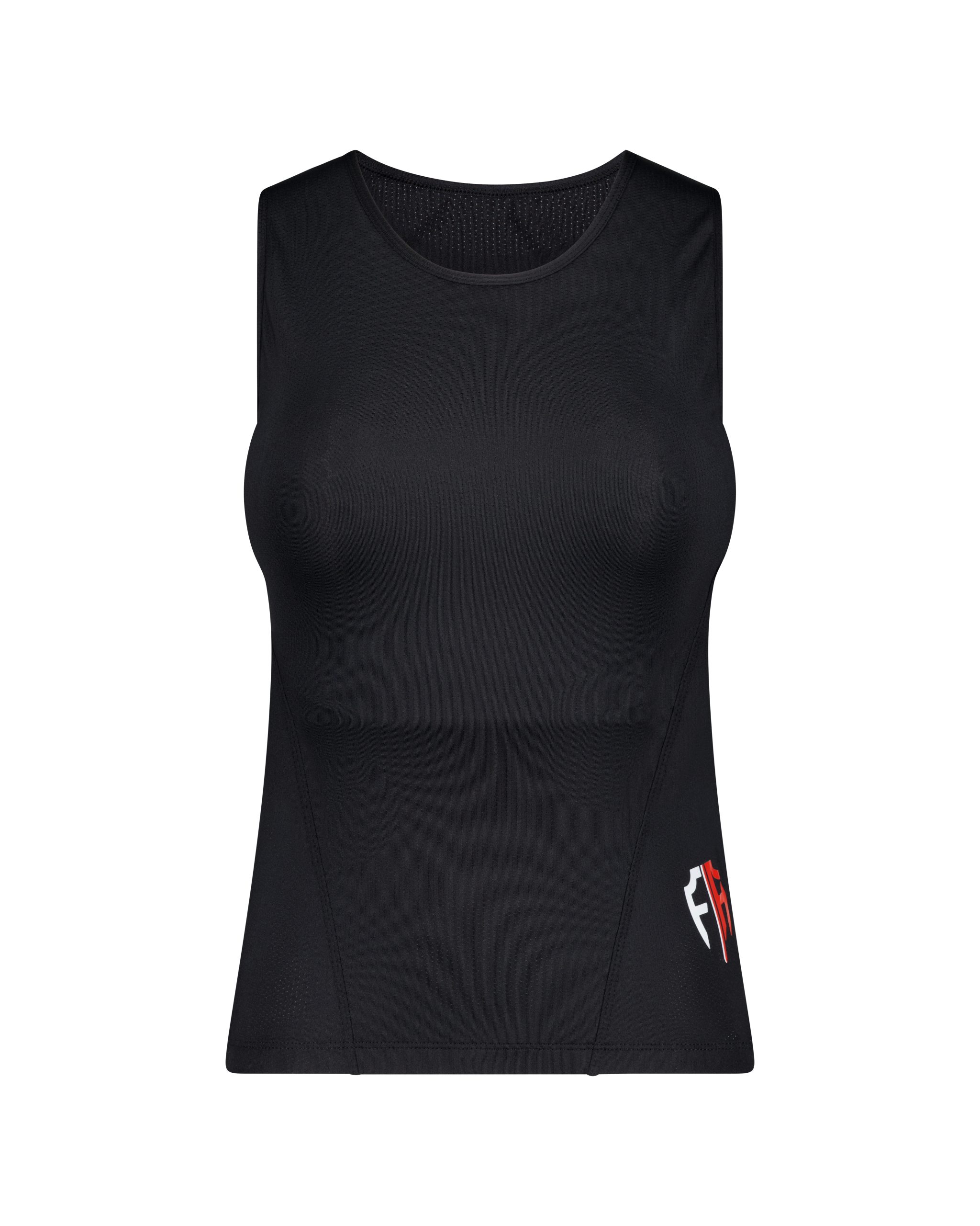 Black sleeveless motorcycle base layer with a red and white logo on the side