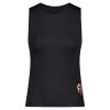 front view of a black fempro armour protection singlet with a seamless design and red and white logo