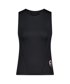 Front view of a black Fempro Armour protection singlet with a seamless design and red and white logo