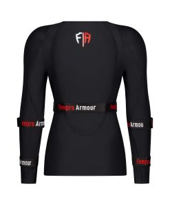 Black protective body armor with red and white logo designed for female athletes.