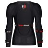 black protective body armor with red and white logo designed for female athletes