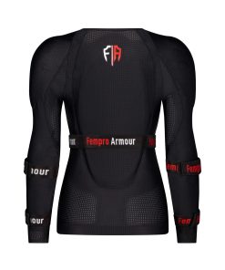 Black protective body armor with red and white logo designed for female athletes.