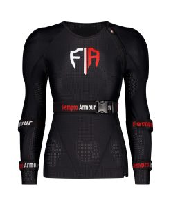 Black protective body armor with red and white logo designed for female athletes.