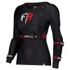 black protective body armor with red and white logo designed for female athletes