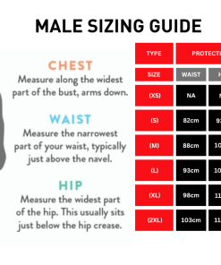 male sizing chart for protection pants, explaining the different size options
