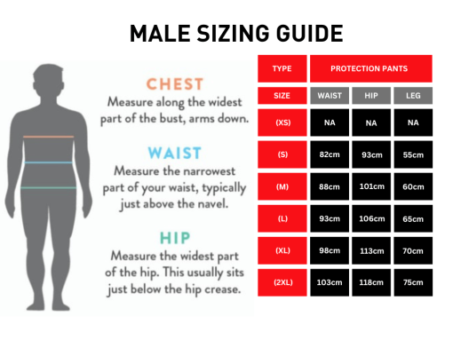 male sizing chart for protection pants explaining the different size options