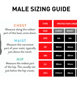 sizing guide for male protection undershirt, explaining the sizing chart
