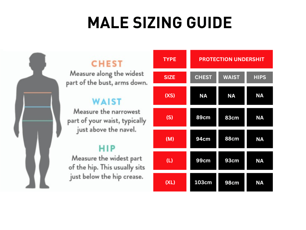 sizing guide for male protection undershirt explaining the sizing chart