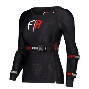 black full sleeve motorcycle armor jacket with red and white branding