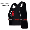 protective black sports vest with red branding for flat chests labeled as flat chest armour