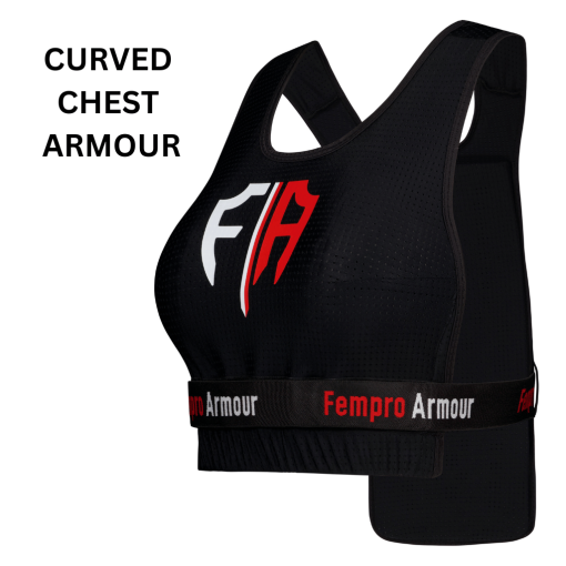 black sports vest with contoured design for curved chests featuring red and white fa logo branded waistband