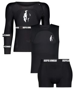 Assortment of Bropro Armour sports protective gear including a long-sleeve mesh jersey, tank top, and shorts