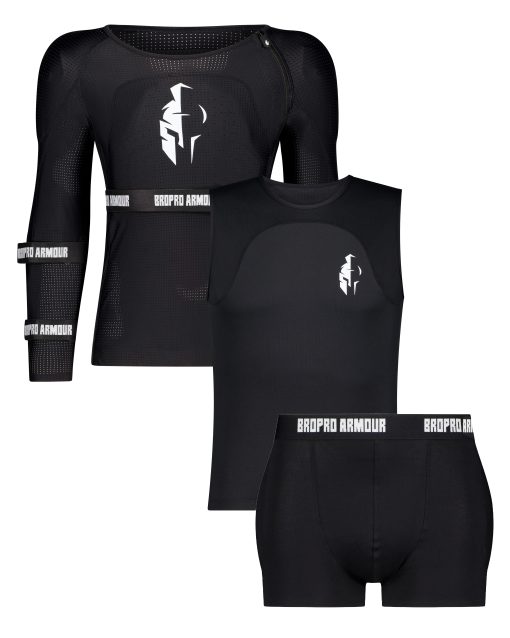 assortment of bropro armour sports protective gear including a long sleeve mesh jersey tank top and shorts