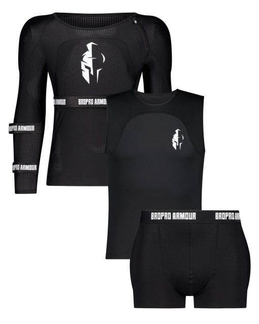 Assortment of Bropro Armour sports protective gear including a long-sleeve mesh jersey, tank top, and shorts