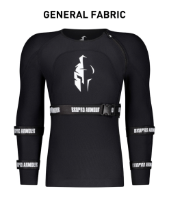 Black protective body armor with red and white logo designed for male athletes.