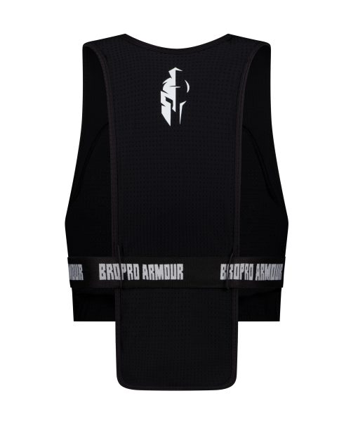 black pro light sports vest with white bropro armour logo back side showing
