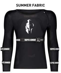 Black protective body armor with white logo designed for male athletes.