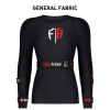 Black protective body armor with red and white logo designed for female athletes.