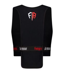 Black pro light sports vest with a red and white Fempro Armour logo on the back.