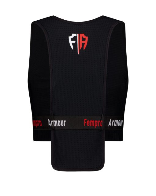Black pro light sports vest with a red and white Fempro Armour logo on the back.
