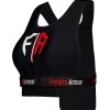 black sports pro light vest with a red and white fempro armour logo on the back